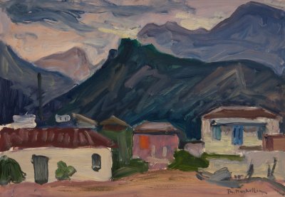 Agia Marina, Sunset – Parnassos — Oil painting, Fiberboard, 36.00×51.00cm — Theodoros Markellos